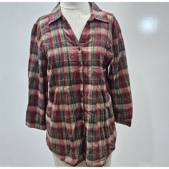Christopher Banks Medium Plaid Metallic Fibers Button Down Top Holiday Cottage - Picture 1 of 11